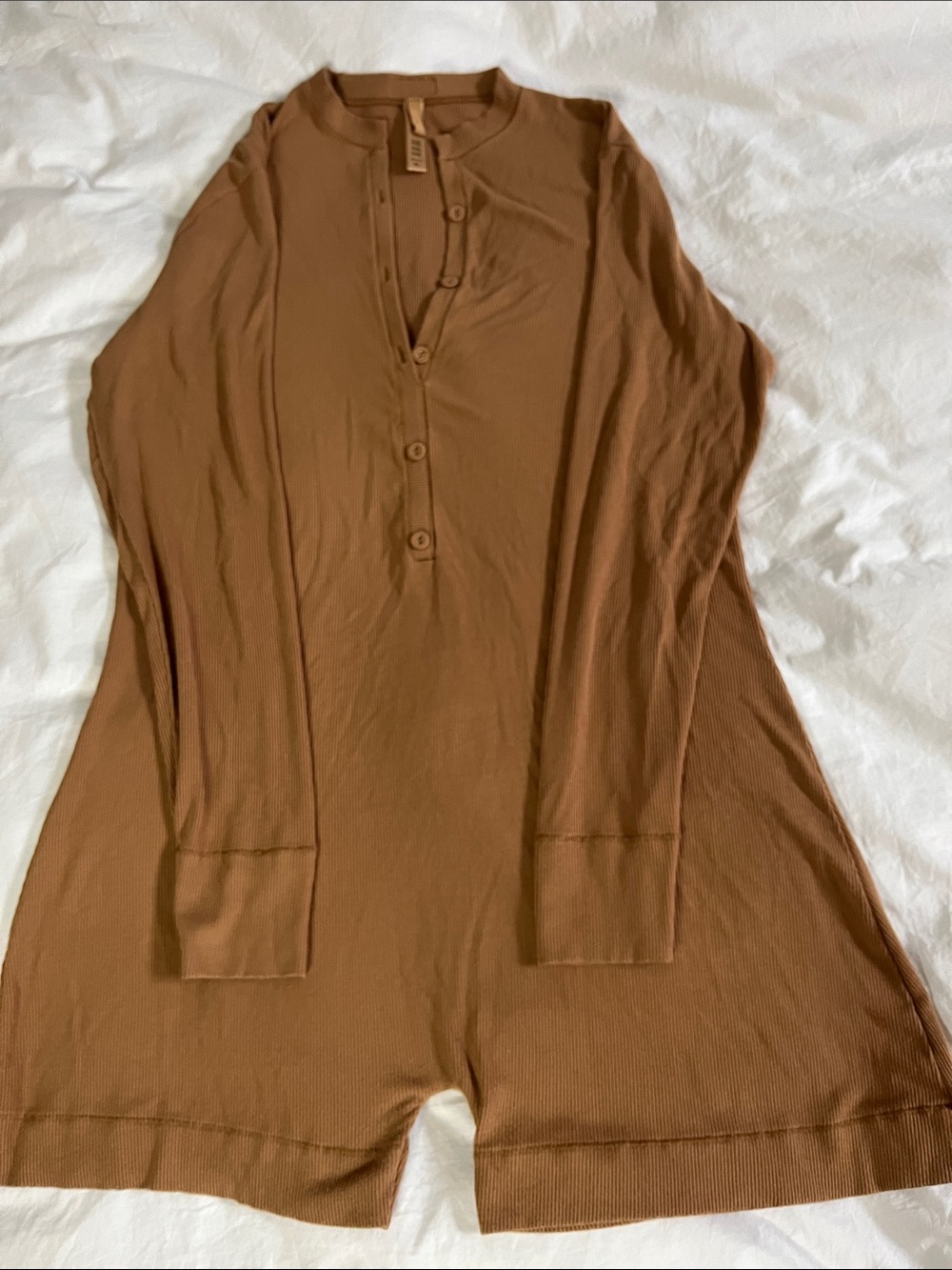 SKIMS Soft Lounge Long Sleeve Henley Romper Pajamas in Camel Beige 2XL